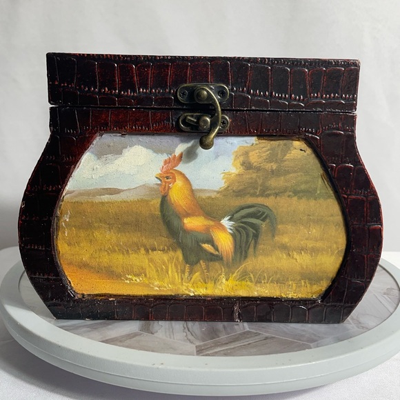 Vintage Rooster Farmhouse Wooden Trinket Jewelry Box w/ Handle 8x6x7 - Picture 1 of 10